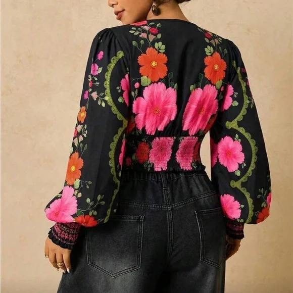 Plus Size Romantic Bohemian Floral Print Long Sleeve Tie Front Blouse Shirt - Picture 13 of 14